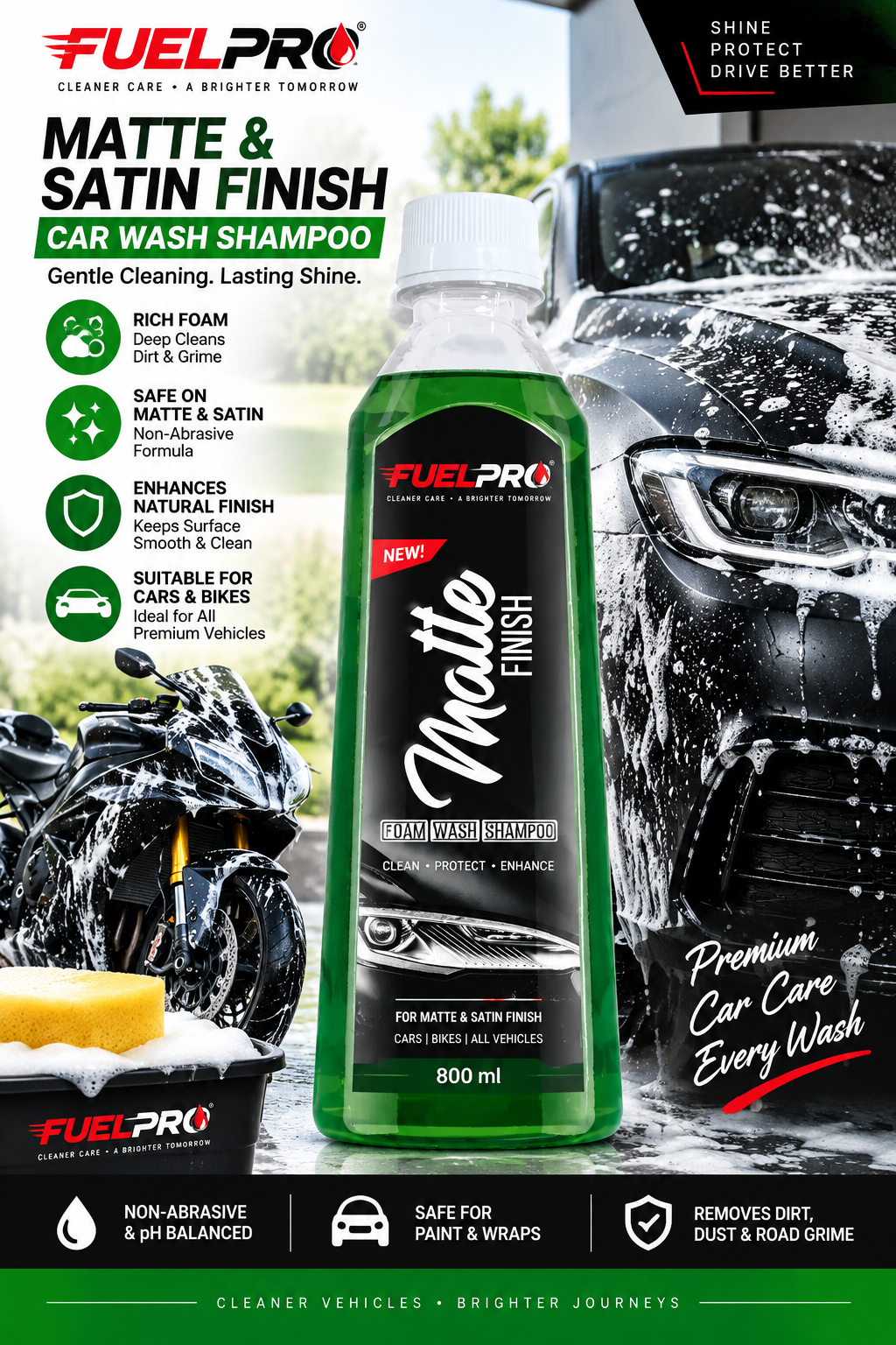 FuelPro Matte & Satin Finish Car Wash Shampoo – 800ml | Foam Wash for Cars & Bikes